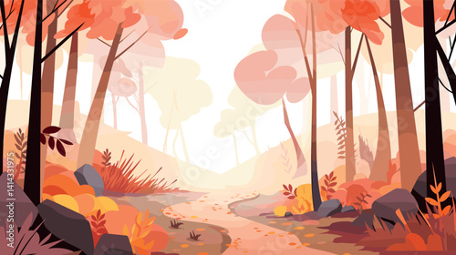 Autumn forest pathway with vibrant foliage and tranquil atmosphere flat vector illustration