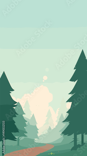 Tranquil forest scene with tall green trees and misty atmosphere flat vector illustration