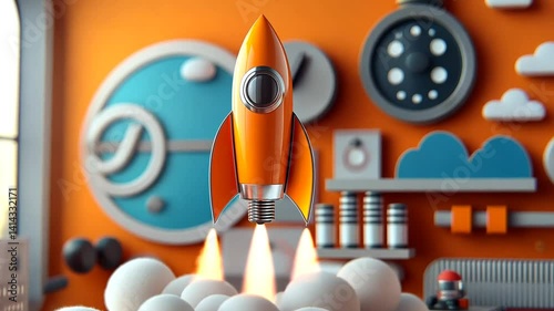 Stylized orange rocket blasting off into the future, with cloud of smoke and playful decor