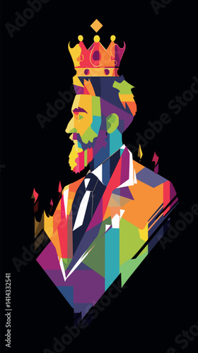 Colorful geometric portrait of bearded male with crown flat vector illustration