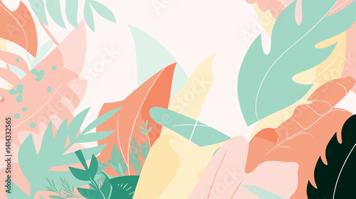 Abstract pastel tropical leaves in minimalist design with soft colors flat vector illustration