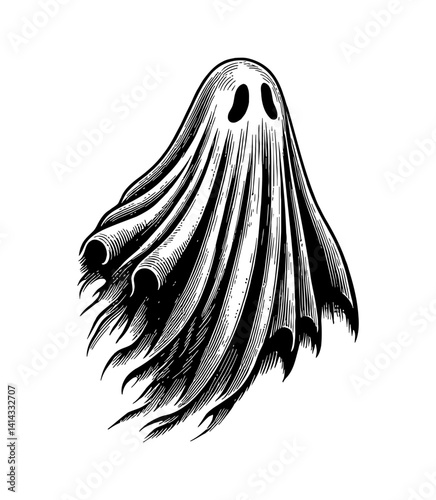 Illustration of a Ghost with Dark Eyes on White Background in Detailed Engraving Style