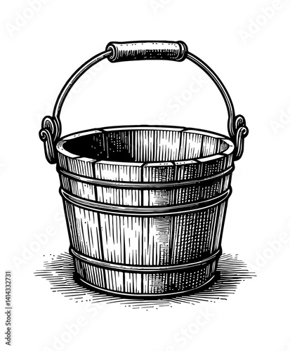 Detailed Black and White Engraving of a Wooden Bucket with a Metal Handle