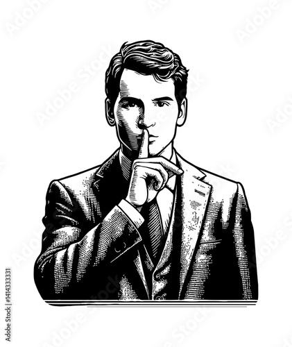 Man in Suit Gesturing Shush with Finger on Lips in Detailed Engraving Black and White Style