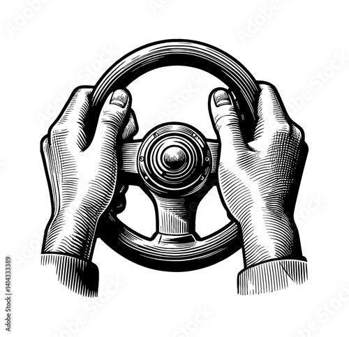 Hands gripping steering wheel in vintage engraved illustration style. Driving concept