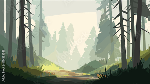 Illustrated pine forest pathway in morning light flat vector illustration