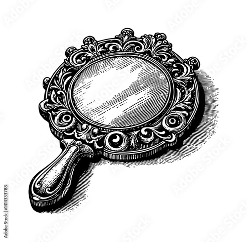 Elegant Hand Mirror with Intricate Ornamentation in Detailed Black and White Engraving