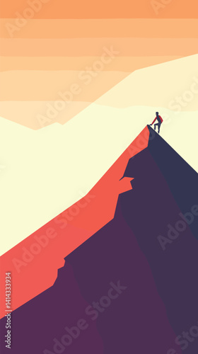 Minimalist mountain scene with lone male silhouette on peak at sunset flat vector illustration