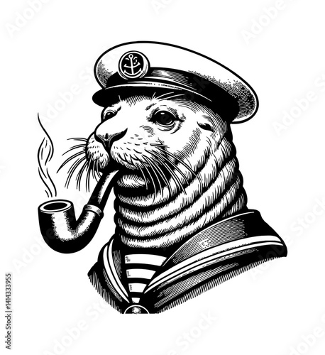 Illustration of a Seal Captain Smoking Pipe in Black and White Detailed Engraving Style