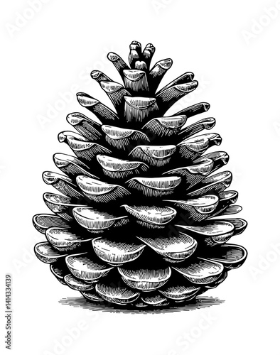 Detailed Engraving of a Pine Cone in Black and White with Visible Texture and Pattern