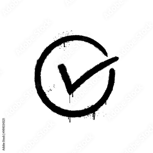 Hand drawn check mark illustration inside circle with graffiti art on white background