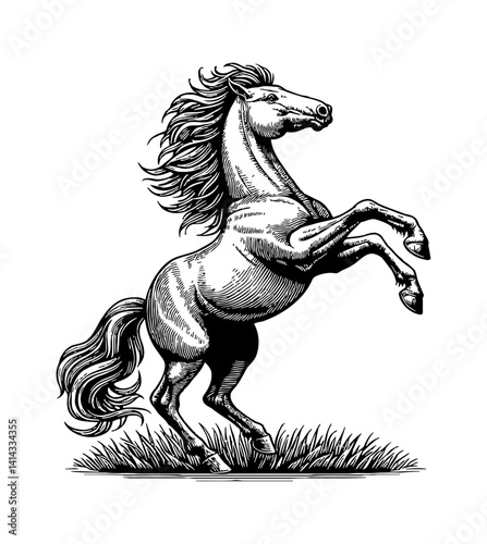 Elegant Horse Standing on Hind Legs in Detailed Black and White Engraving Style Illustration