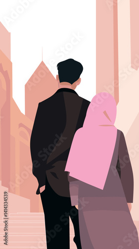 Asian young couple walking in urban setting flat vector illustration