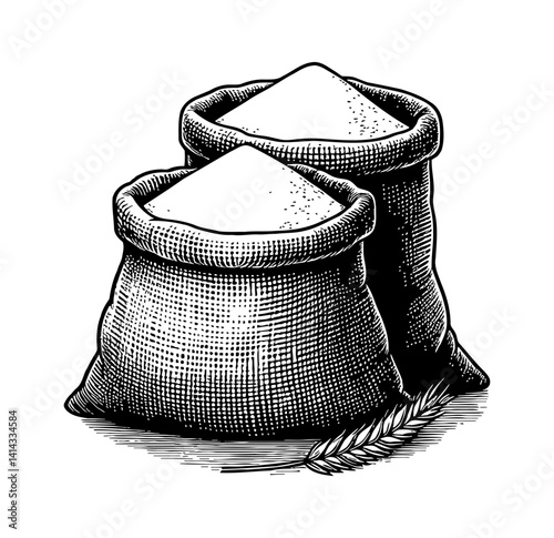 Two bags of flour and wheat spike drawn in engraving style isolated on white background