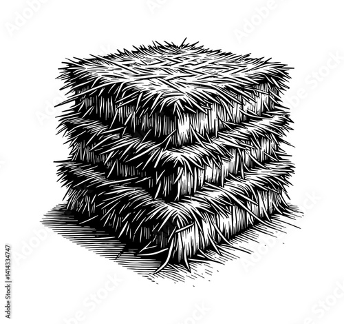 Illustration of a Stacked Hay Bale with Detailed Engraved Style in Black and White