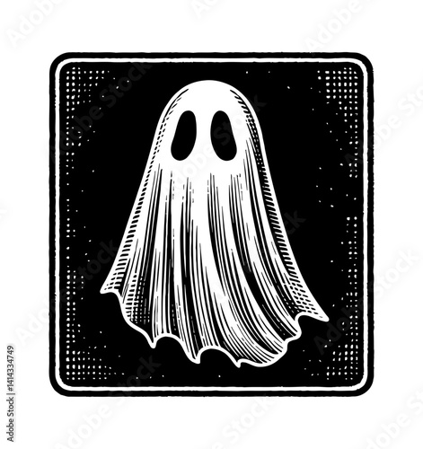 Vintage Engraving Illustration of a White Ghost on Black Background for Halloween