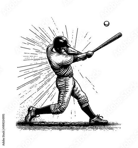 Engraved Style Illustration of Baseball Player Swinging Bat at Ball in Mid-Air, Side View