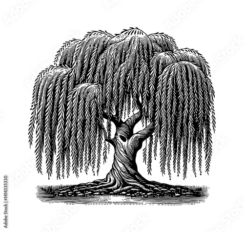 Detailed Black and White Engraving of a Weeping Willow Tree with Cascading Branches