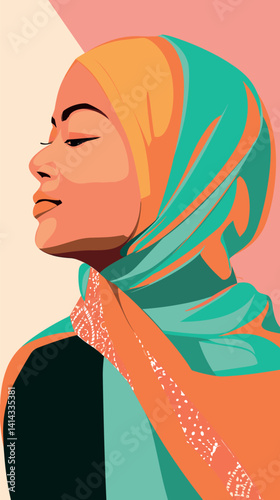 Stylized portrait of african female in colorful hijab flat vector illustration