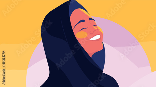 Young hispanic woman in hijab smiling with eyes closed against colorful abstract background flat vector illustration