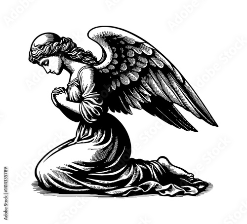 Angel Kneeling in Prayer with Wings Spread in Detailed Engraving Style Black and White