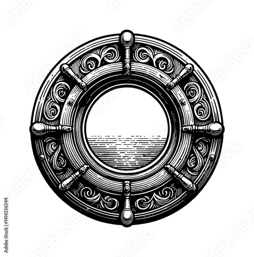 Intricate Engraved Porthole with Ocean View in Black and White Detailed Line Art Illustration