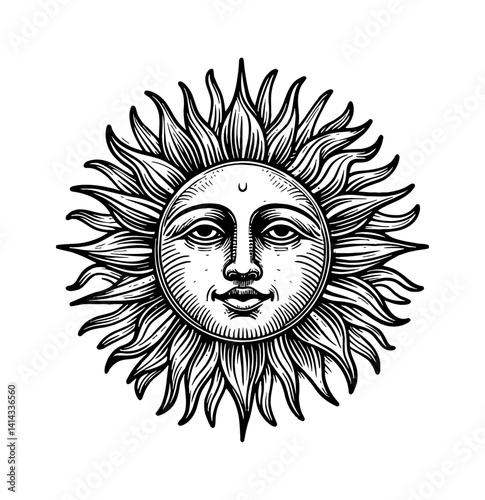 Engraved style of sun with face in detailed black and white isolated on white background