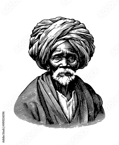 Detailed Engraving of Elderly Man with Turban, Beard, Traditional Clothing in Black and White