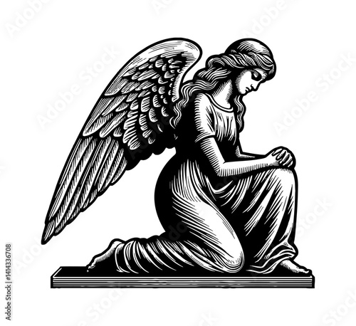 Engraved Black and White Illustration of Kneeling Angel in Prayerful Posture with Wings