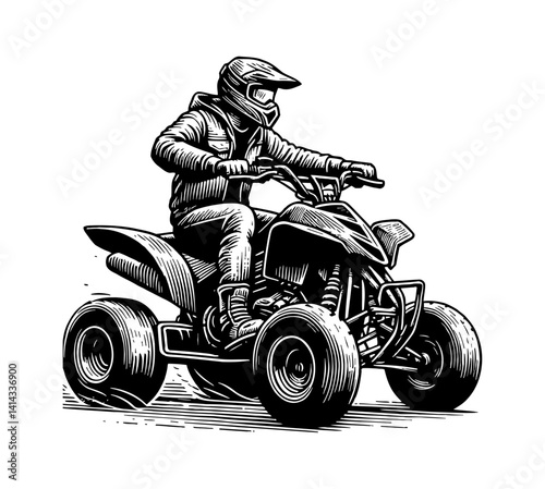 Person Riding ATV in Black and White Detailed Line Art Drawing Style with Helmet and Hoodie