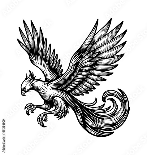 Detailed Engraving Illustration of Phoenix Spreading Wings in Black and White