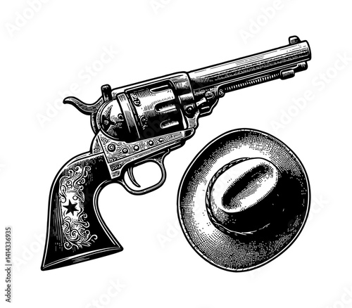 Black and White Engraving Style Vector of a Revolver Pistol and Cowboy Hat