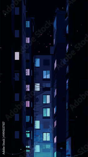 Nighttime urban alley with illuminated windows in tall buildings flat vector illustration