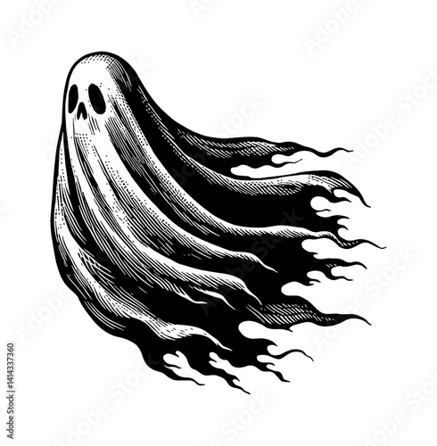 Engraved Illustration of a Spooky Ghost with Flowing Tail in Black and White