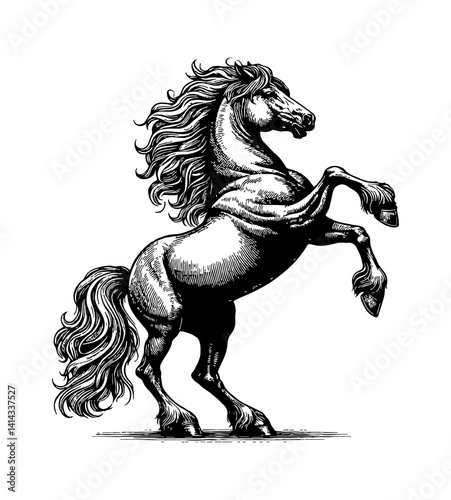 Elegant Horse Standing on Hind Legs in Detailed Black and White Engraving Style Illustration