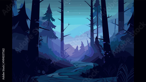 Tranquil night forest with starry sky and serene pathway flat vector illustration