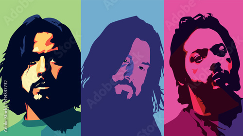Pop art portraits of long-haired adult caucasian males in colorful backgrounds flat vector illustration