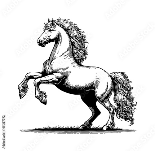 Engraved illustration of a horse rearing up on its hind legs on grass