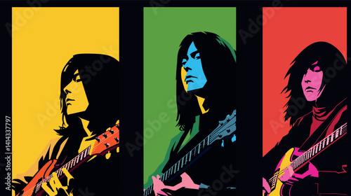 Pop art style portraits of asian male guitarist trio in bold colors flat vector illustration