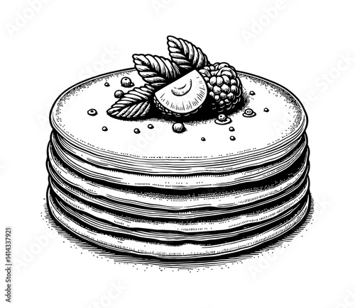 Stack of Pancakes with Raspberry, Strawberry, and Mint Leaf in Black and White Engraving Style