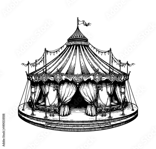 Detailed Engraving of Vintage Circus Tent on Platform with Open Curtains and Banners