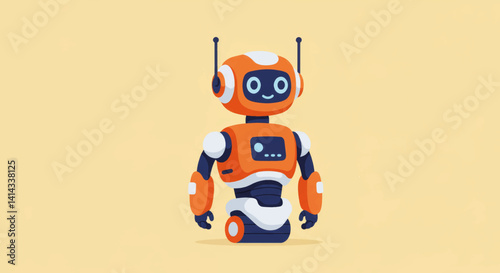 Friendly robot character standing against a yellow background  