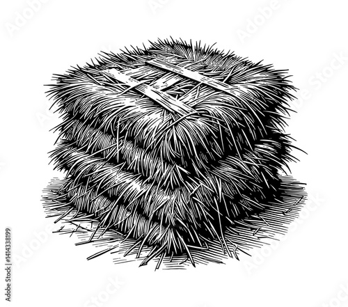 Detailed Black and White Engraving of Stacked Hay Bales Tied with Wood, Rustic Farm