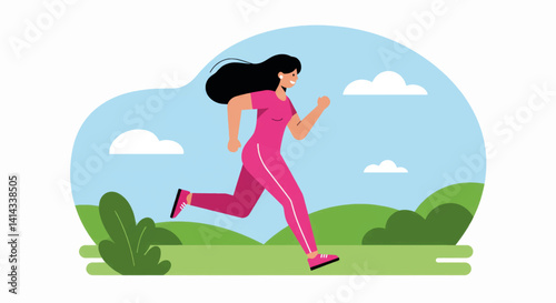 Young woman running energetically through a green landscape  