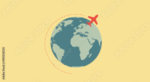 Airplane Traveling Around Earth in Flat Style  