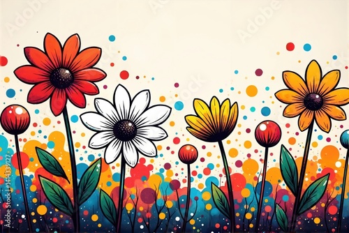 Bold daisy flowers with black outlines on a colorful dotted doodle texture background, doodle, black outline, pattern