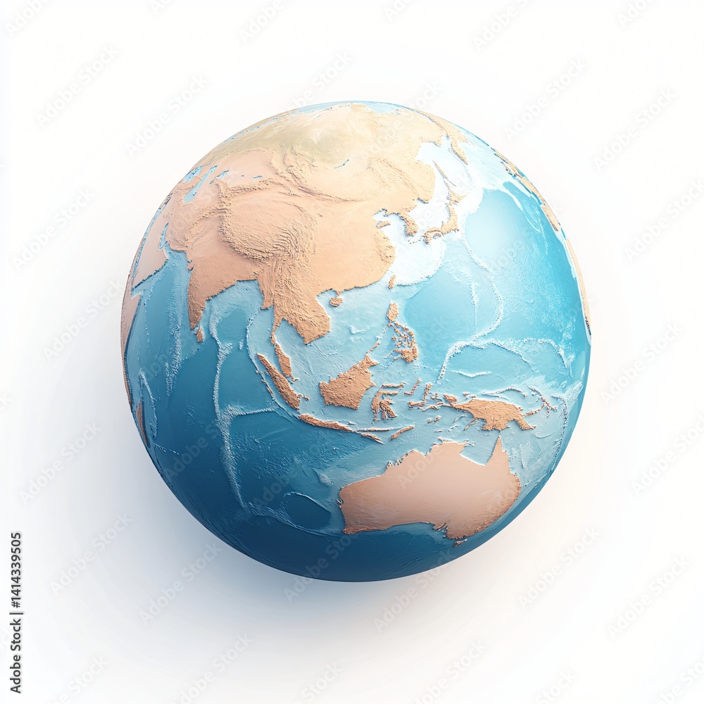 Obraz premium Detailed 3D Render of Earth Showing Asia and Australia Continents with Ocean Depths