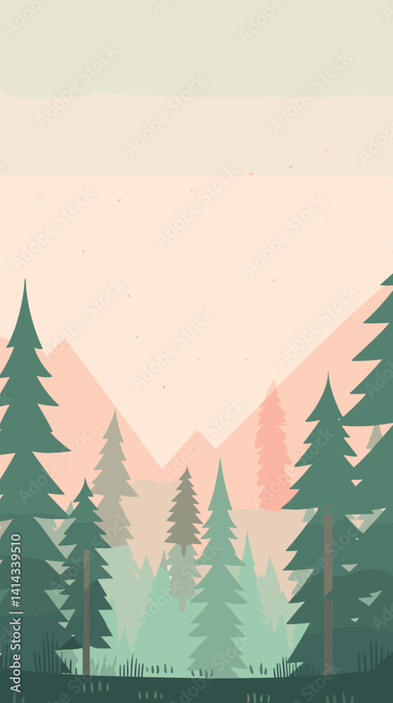 Fototapeta premium Tranquil mountain landscape with evergreen forest and colorful sky flat vector illustration
