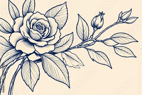 Hand drawn rose flowers illustration, line art, outline