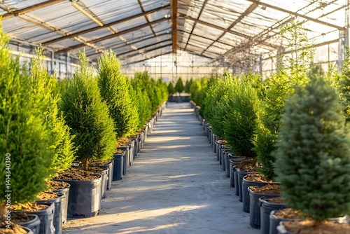 Rows of potted evergreen trees in greenhouse